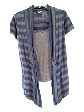 Agenda Women's Striped Open-Front Short Sleeve Cardigan - Blue & Gray - Size M